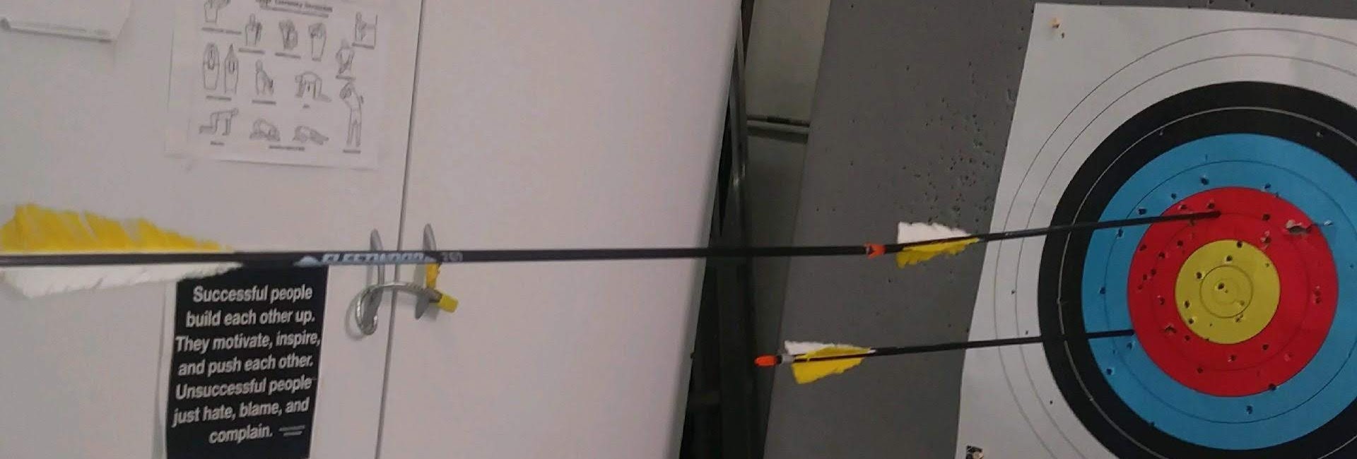 image of a target with an archery arrow near center and another splitting the tail of the first arrow